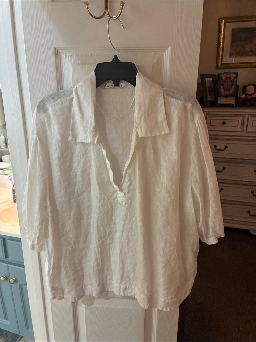 Zara Bright White 100% Linen V-Neck Popover Top SZ L